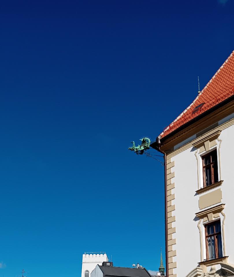 J. Králová: Chrlič, radnice Olomouc. Chrliče se převážně tesaly z kamene, ale najdeme i plechové. Olomoucká radnice má na každém svém rohu právě jako chrliče od roku 1588 umístěné draky z tepaného měděného plechu (https://www.vmo.cz/download/185/ZVMO_1961_097.pdf&thinsp;external link )