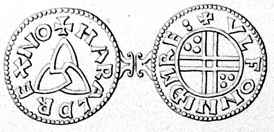Triquetra on a Norwegian coin minted during the reign of Harald Hardrada (ruled 1046&ndash;1066). Notice the ∴ on the reverse side.