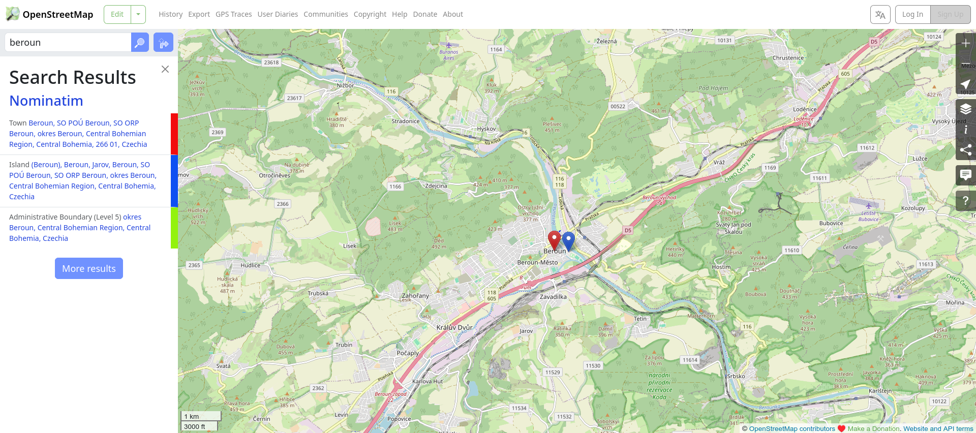 Running complete OSM web application. One can search for example.